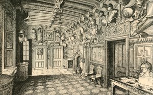 Inngangshallen. -Langs veggen er mange drakter av gammel rustning., 1882. av Unbekannt