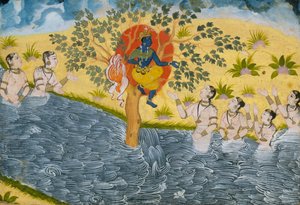 Gopiene ber Krishna om å returnere klærne sine, side fra en Bhagavata Purana..., ca. 1610. av Unbekannt