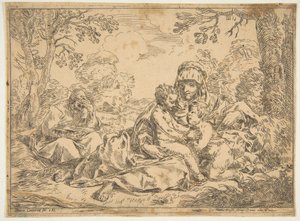 Den hellige familie med døperen Johannes, kopi etter Cantarini, ca. 1639-1648 eller senere. av Unbekannt