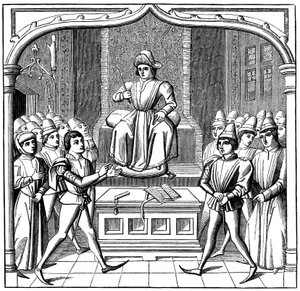 The Judicial Duel, saksøkeren åpnet sin sak for dommeren, 1400-tallet 1849 av Unbekannt