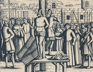 The Martyrdom of Master William Tindall in Flanders av Vilvorde Castle, 1563, 1947 av Unbekannt