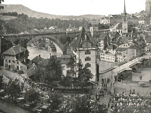 Nydeggbrücke og storfemarkedet, Bern, Sveits, 1895. av Unbekannt