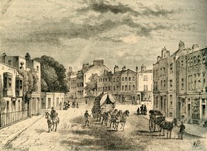 Den gamle landsbyen Vauxhall, med inngang til hagene, i 1825, c1878. av Unbekannt
