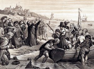 Pilgrimsfedrene forlater Delft Haven på sin reise til Amerika, juli 1620 1878 av Unbekannt