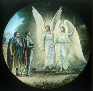 Pilegrimene møter de to skinnende, c1910. av Unbekannt