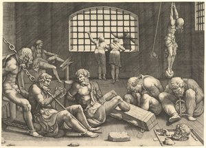 Fengselet, en gruppe menn i et fangehull bundet i lenker og lenker, til høyre en figur....n.d. av Unbekannt