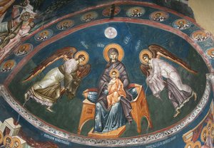 Jomfruen tronet med Kristus Emmanuel med erkeenglene Michael og Gabriel, 1300-tallet av Unbekannt
