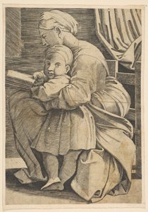 Jomfruen leser med spedbarnet Kristus, kvinne som sitter i profil vendt mot venstre og..., ca. 1515-1600. av Unbekannt