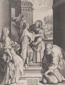 Visitasjonen, Jomfruen og Saint Elizabeth omfavner i sentrum, flankert av andre f..., 1589. av Unbekannt