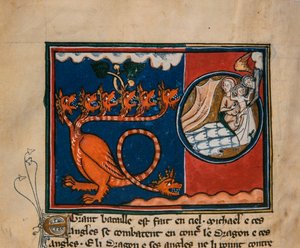 Kvinnen og dragen. Miniatyr fra: Apocalypse de saint Jean, ca 1320. av Unbekannt