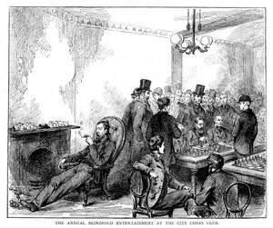 Den årlige underholdningen med bind for øynene ved byens sjakklubb, 1876 av Unbekannt