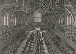 Banketten i den store salen ved Palace of Westminster ... kroningen av James II i 1685, 1902. av Unbekannt