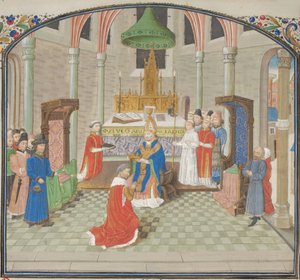 Kroningen av Baldwin I 1. juledag 1100. Miniatyr fra Historia av Vilhelm av Tyrus, 1460-tallet av Unbekannt
