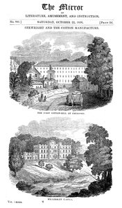 Den første bomullsfabrikken i Cromford, Derbyshire og Richard Arkwrights hus, 1836 av Unbekannt