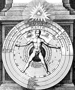 Forholdet mellom mennesket, mikrokosmos, med universet, makrokosmos, c1617 av Unbekannt