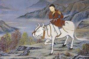 De ti oksegjetende bildene av zenbuddhismen representerer stadiene av opplysning Å komme hjem på oksens rygg, Seoul, Coree du Sud av Unbekannt