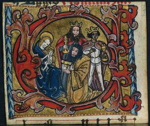 Tre stiklinger fra et missal: Initial C med tilbedelsen av magiene, ca. 1470-1500. av Unbekannt