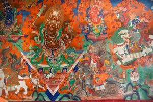 tibetansk buddhisme; gammelt veggmaleri i forsamlingshuset; demon som kjemper med piler og buer; Takthok Gompa kloster; Sakti nær Leh; Ladakh-distriktet; Jammu og Kashmir; India; Sør-Asia; Asia av Unbekannt