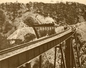 Tog passerer over viadukten, Mount Lofty Range, Sør-Australia, 1930. av Unbekannt