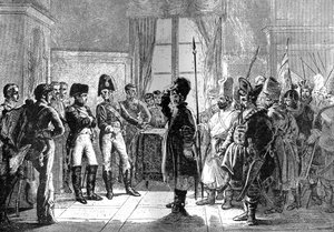 Tsar Alexander I presenterer russiske tropper til Napoleon, 8. juli 1807 1882-1884 av Unbekannt