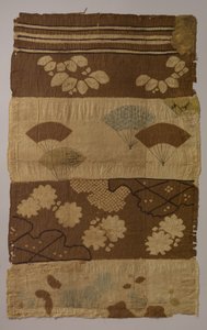 Tsujigahana-tekstil med horisontale striper, blomstrende planter, vifter, snøflak..., ca. sent på 1600-tallet av Unbekannt