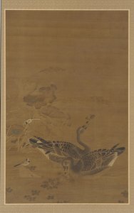 To gjess som fôres i en lotusdam, Ming-dynastiet, 1500-1600-tallet. av Unbekannt