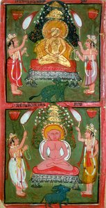 To Jain Tirthankaras eller jina ford-produsenter og deres hengivne, Bundi-regionen, India, c1720 av Unbekannt