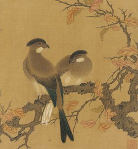 To kamfugler på en gren, høstløv, Qing-dynastiet, 1700-tallet. av Unbekannt