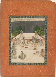 To kvinner satt på en terrasse, omgitt av ledsagere og musikere, ca. 1650. av Unbekannt