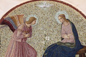 Tympanummosaikk som viser kunngjøringen i Madonna della Scala benediktinerkloster, Noci, Apulia, Noci, Italia av Unbekannt