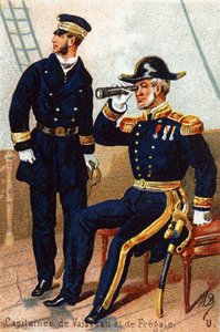 U: Kapteinskip og fregatt. Gravering i "Militæralfabetet". Illustratorens initialer: A. D. Ukjent utgiver. Kromolitografier sent på 1800-tallet. Mål: 10,5x7 cm. av Unbekannt