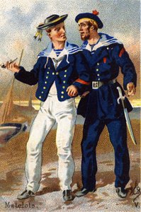 V: Sjømenn. Gravering i "Militæralfabetet". Illustratorens initialer: A. D. Ukjent utgiver. Kromolitografier sent på 1800-tallet. Mål: 10,5x7 cm. av Unbekannt