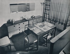 Utsikt i stue/spisestue designet av Gilbert Rohde, 1936 av Unbekannt