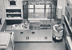 Utsikt over et kjøkken, designet av H.M.V. Husholdningsapparater, 1938 av Unbekannt