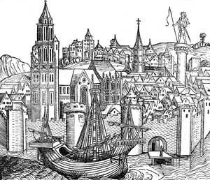 Utsikt over befestet by, 1493 av Unbekannt