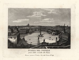 Utsikt over Piazza del Popolo, Place du Peuple, med en egyptisk obelisk av Rameses II fra Heliopolis, fra toppen av Pincian Hill, Roma av Unbekannt