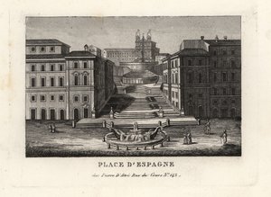 Utsikt over Piazza di Spagna, Fontana della Barcaccia, Båtfontenen og Scalinata di Trinita dei Monti, Spansketrappen, Roma av Unbekannt