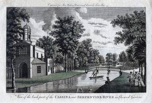 Utsikt over den bakre delen av Cassina og Serpentine River i Chiswick Gardens, London av Unbekannt