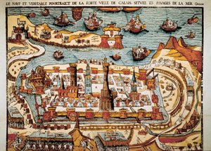 Utsikt over byen Calais i 1538. Xylografi. av Unbekannt