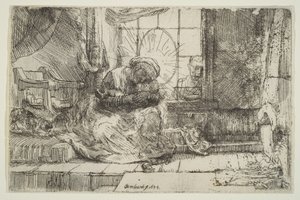Jomfru og barn med katten: og Josef ved vinduet, 1654. av Unbekannt