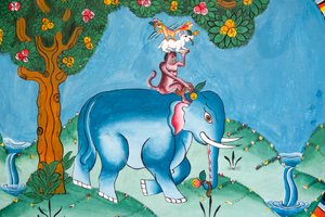 Vegg som viser legenden om de fire vennene; elefant; ape; kanin og hane; Kharbadi Gompa; Phuentsholing; Kongeriket Bhutan av Unbekannt