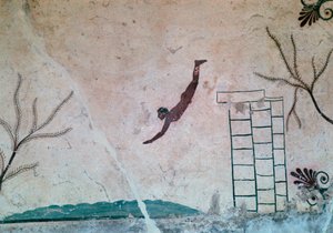 Veggmaleri fra en gresk grav ved Paestum av en svømmer, 800-tallet av Unbekannt