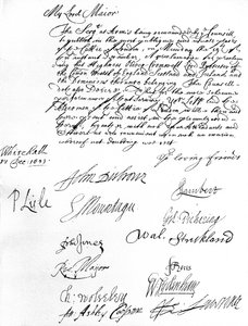 Ordre fra Council of State til Lord Mayor of London, som ønsker at han og Aldermen skal delta på proklamasjonen av Oliver Cromwell som Lord Protector of the Commonwealth of England, Scotland, Ireland & the Dominions 19. desember av Unbekannt