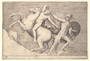 Warrior Pulling a Rider from His Horse, fra Ex Antiquis Camus et Ge..., publisert ca. 1599-1622. av Unbekannt