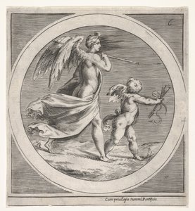Bevinget kvinneskikkelse, drapert og bærende en stav, skridende bak en bevinget putto..., ca. 1550-1600. av Unbekannt