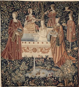 Kvinne bader omgitt av Attendants Tapestry-serien La Vie Seigneuriale, ca. 1500 av Unbekannt