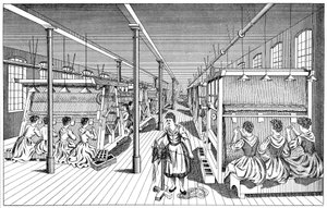 Kvinnelige arbeidere i en teppefabrikk, ca 1895 av Unbekannt