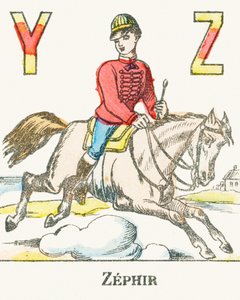 Z : Zephir, en rytter som galopperer på hesten sin ved navn Zephyr - Games Alphabet, ca. 1890 (gravering) av Unbekannt