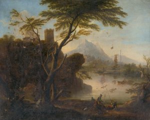 En bukt med et slott og en figurstav av Unbekannt
