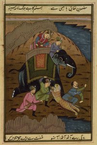 Keiser Akbar (1556-1608) på tigerjakt, fra Akbarnama, Mughal, (illustrert tekst) av Unbekannt Unbekannt